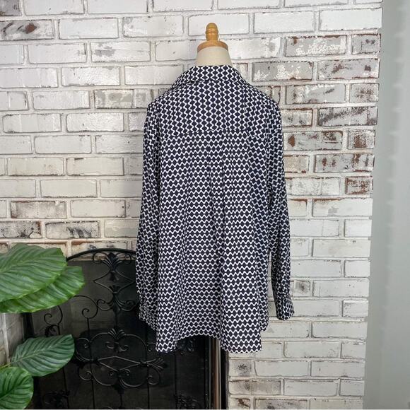 Tommy Hilfiger Navy Blue & White Geometric Print Long Sleeve Button Down Blouse - Picture 8 of 10